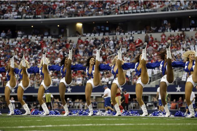 Members of the Dallas Cowboys cheerleaders perform in the first half of an NFL football game against the San Francisco 49ers, Sunday, Sept. 7, 2014, in Arlington, Texas. (AP Photo/LM Otero)