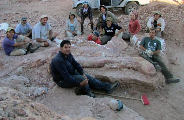 Pesquisadores ao lado de fóssil de dinossauro saurópode descoberto na Patagônia, Argentina