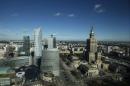 A general view of Warsaw city center and the Palace of Culture is seen through the window of a hotel in Warsaw