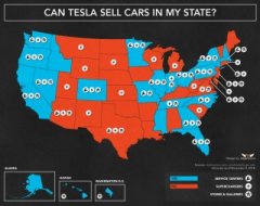 State map showing where Tesla Motors can (blue) and can't (red) sell cars directly [Mojo Motors]