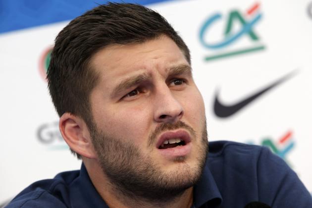 France's national soccer team player Gignac talks to journalists during news conference before a training session in Clairefontaine