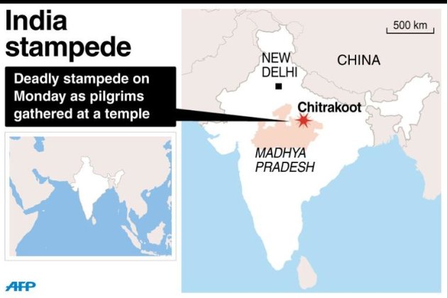 Map locating a deadly stampede Monday in the Indian state of Madhya Pradesh