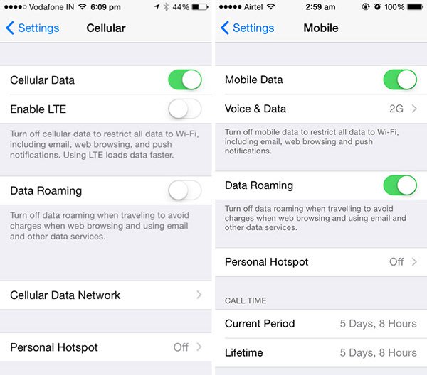 iOS 8.1 更新新增了 Voice & Data 設定（圖右），讓你的 iPhone 能在 2G/3G 以及 LTE 之間進行切換。
