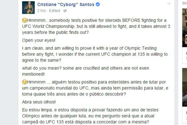 Cyborg utilizou o Facebook para questionar Ronda - Reprodução/Facebook