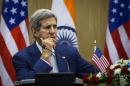 U.S. Secretary of State, John Kerry, speaks to the media following a meeting with Indian External Affairs minister, Sushma Swaraj, (not pictured) in New Delhi