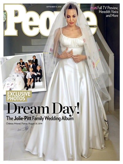 裘莉新娘禮服美麗溫馨，6個小孩的圖畫繡在婚紗上獻祝福