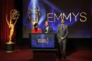 Television Academy Chairman & CEO Rosenblum, actressKaling and television host Daly stand together during the nominations announcement for the 66th Primetime Emmy Awards in North Hollywood