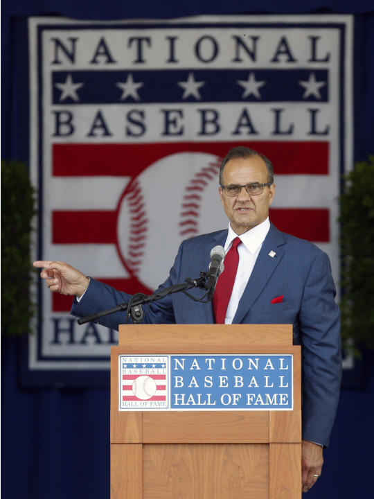 National Baseball Hall of Fame inductee Joe Torre speaks during an induction ceremony at the Clark Sports Center on Sunday, July 27, 2014, in Cooperstown, N.Y. (AP Photo/Mike Groll)
