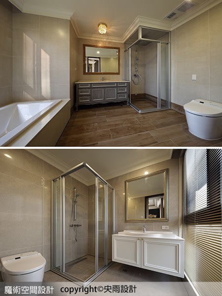 衛浴空間俐落有型，畫框式鏡面搭配面盆收納櫃，發揮精品飯店的尊寵享受。