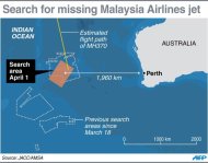 Map showing the latest search area for the missing Malaysia Airlines jet