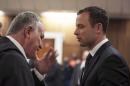 South African Olympic and Paralympic athlete Oscar   Pistorius talks to his defence lawyer Barry Roux during his murder trial in the   North Gauteng High Court in Pretoria