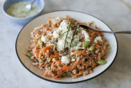 This April 21, 2014, photo shows farro and vegetable salad with cucumber ranch dressing in Concord, N.H. (AP Photo/Matthew Mead)