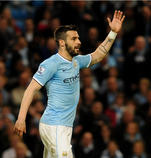 Manchester City's Alvaro Negredo during the English Premier League soccer match between Manchester City and Sunderland at The Etihad Stadium, Manchester, England, Wednesday, April 16, 2014. (AP Photo/