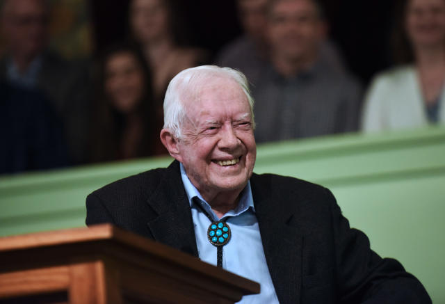 Former U.S. President Jimmy Carter speaks to the congregation at Maranatha Baptist Church before teaching Sunday school in his hometown of Plains, Georgia on April 28, 2019. (Photo: Paul Hennessy/NurPhoto via Getty Images)