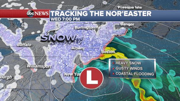 PHOTO: Tracking the nor'easter, Wednesday at 7pm. (ABC News)