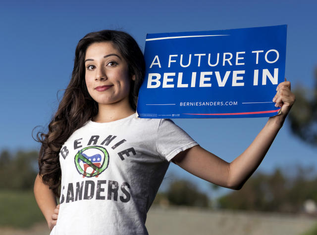 A Bernie Sanders supporter poses for a photo. (Photo by Leonard Ortiz/Digital First Media/Orange County Register via Getty Images)