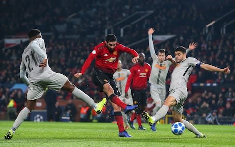 Marouane Fellaini of Manchester United scores the opening goal during the Group H match of the UEFA Champions League between Manchester United and BSC Young Boys at Old Trafford - Credit: GETTY IMAGES