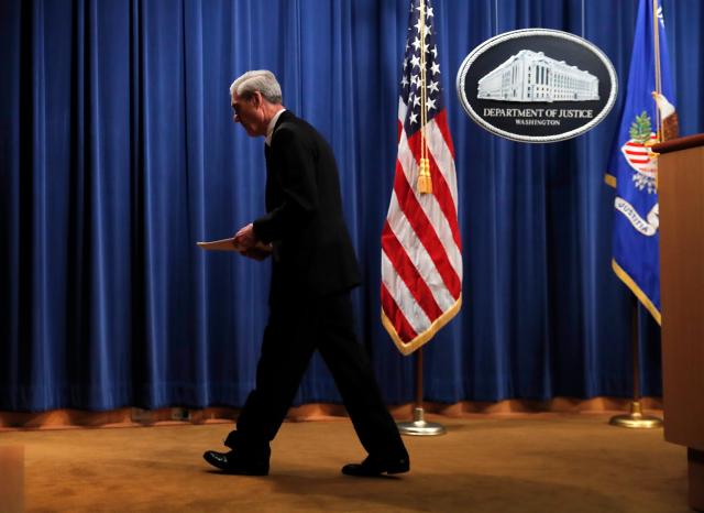 Special counsel Robert Mueller leaves Russia investigation press conference on Wednesday, May 29, 2019.