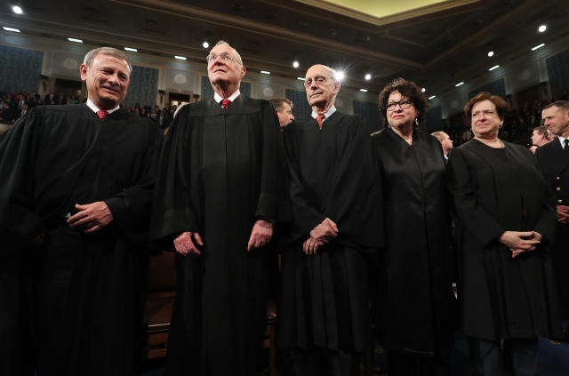 From left: Chief Justice John Roberts and Supreme Court Justices Anthony Kennedy, Stephen G. Breyer, Sonia Sotomayor and Elena Kagan arrive for President Trump’s first address to a joint session of Congress from the floor of the House of Representatives on Feb. 28, 2017. (Photo: Jim Lo Scalzo/Pool/Reuters)