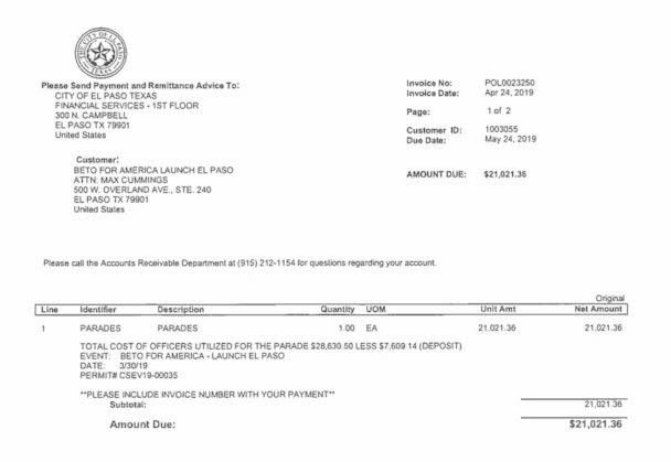 PHOTO: An invoice from the City of El Paso, Texas, for police officers utilized during Beto O'Rourke's presidential campaign launch on March 30, 2019, shows an amount due of $21,021.36. (City of El Paso)