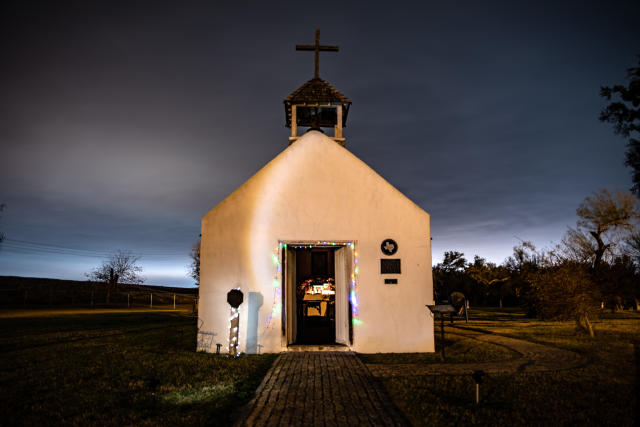 Christmas lights line the doorway of the La Lomita Chapel in Mission, Texas on Jan. 9, 2019. (The Washington Post/Getty Images)