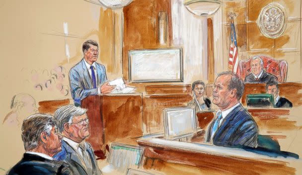 PHOTO: This courtroom sketch depicts Rick Gates, right, testifying during questioning by prosecutor Greg Andres, standing at left, as Manafort's trial continues at federal court in Alexandria, Va., Aug. 7, 2018. (Dana Verkouteren via AP)