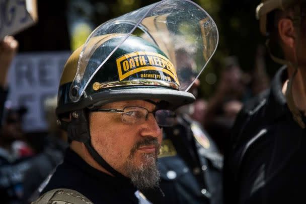 PHOTO: An Oath Keeper, stands guard during a pro-Donald Trump rally at Martin Luther King Jr. Civic Center Park in Berkeley, California, April 27, 2017. (hilip Pacheco/Anadolu Agency/Getty Images)