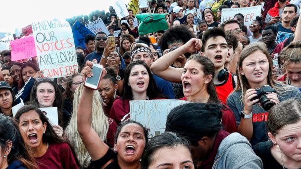 PHOTO: Students of area High Schools rally at Marjory Stoneman Douglas High School after participating in a county wide school walk out in Parkland, Fla., Feb. 21, 2018. (Rhona Wise/AFP/Getty Images)