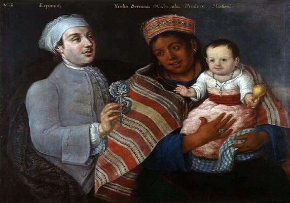 Pintura de 1770 que representa la unión entre un español con una nativa teniendo como hijo un mestizo (imagen vía Wikimedia commons)