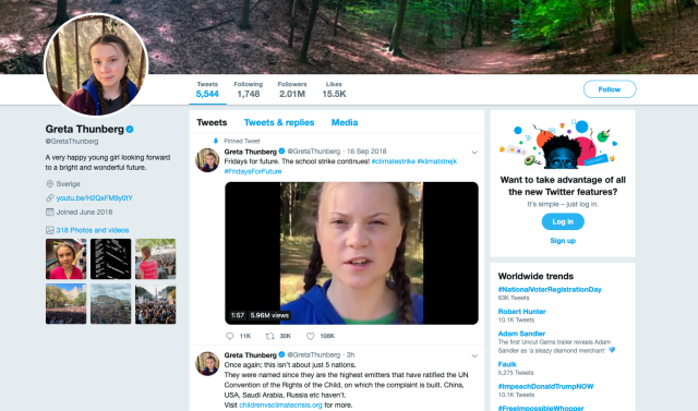 Captura del perfil de Twitter de Greta Thunberg.