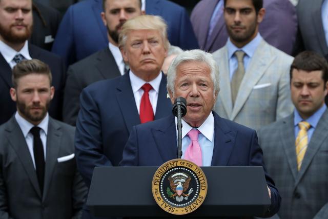 Kraft delivers remarks during an event celebrating the team's Super Bowl win hosted by U.S. President Donald Trump on the South Lawn at the White House.