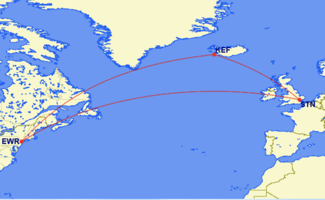 Atlantic crossing: map showing the extra distance required to fly from London Stansted (STN) to New York Newark (EWR) via Keflavik (KEF) in Iceland (Great Circle Mapper)