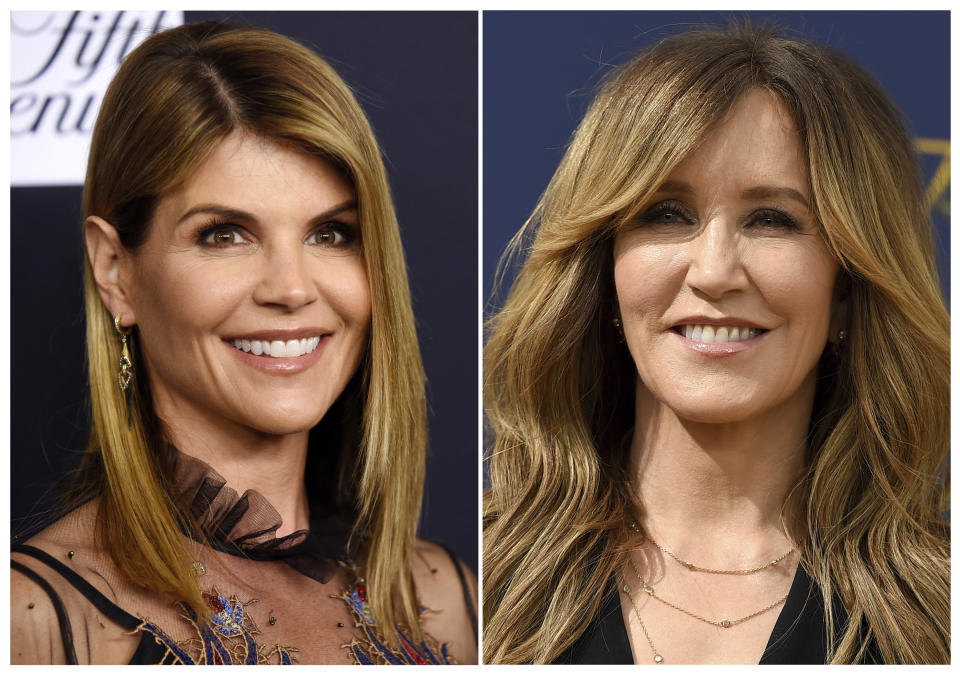 This combination photo shows actress Lori Loughlin at the Women's Cancer Research Fund's An Unforgettable Evening event in Beverly Hills, Calif.., on Feb. 27, 2018, left, and actress Felicity Huffman at the 70th Primetime Emmy Awards in Los Angeles on Sept. 17, 2018. Loughlin and Huffman are among at least 40 people indicted in a sweeping college admissions bribery scandal. Both were charged with conspiracy to commit mail fraud and wire fraud in indictments unsealed Tuesday in federal court in Boston. (AP Photo)