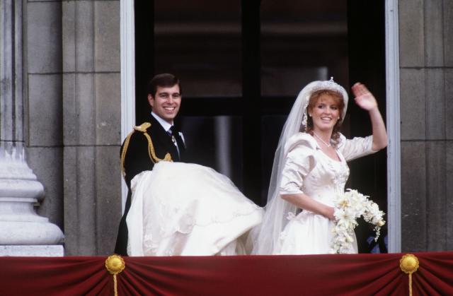 Andrew, Duke of York, the third child of Queen Elizabeth II, and Sarah Ferguson began their relationship in 1985 and married in 1986. They were both 26 years old. Her gown, by the designer Lindka Cierach, featured detailed iconography embroidered throughout, representing Andrew's naval service (anchors, waves), romantic symbols, and images drawn from Ferguson's own family crest. They divorced 10 years later.