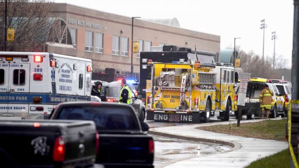 PHOTO: Emergency crews are seen on March 20, 2018 at Great Mills High School in Lexington Park, Maryland after a shooting at the school. (Jim Watson/AFP/Getty Images)