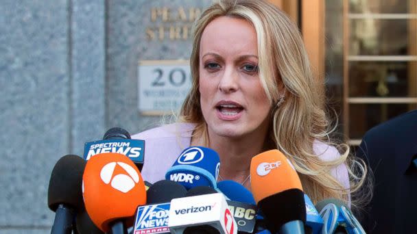 PHOTO: Adult film actress Stormy Daniels speaks outside federal court in New York, April 16, 2018. (Mary Altaffer/AP)