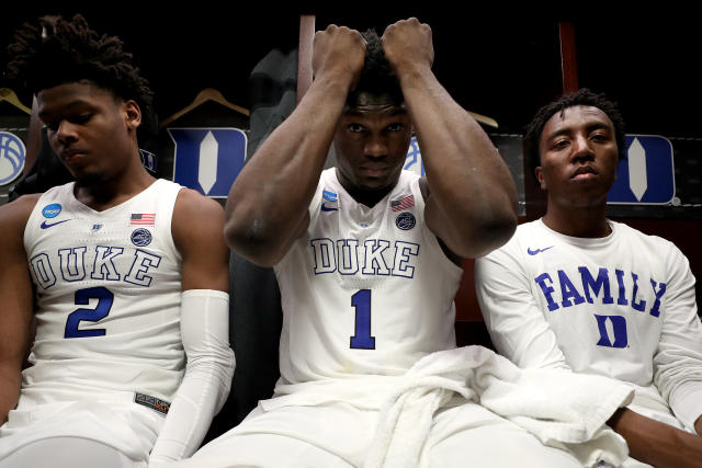 WASHINGTON, DC - MARCH 31: Zion Williamson #1 of the Duke Blue Devils reacts in the locker room after his teams 68-67 loss to the Michigan State Spartans in the East Regional game of the 2019 NCAA Men's Basketball Tournament at Capital One Arena on March 31, 2019 in Washington, DC. (Photo by Patrick Smith/Getty Images)