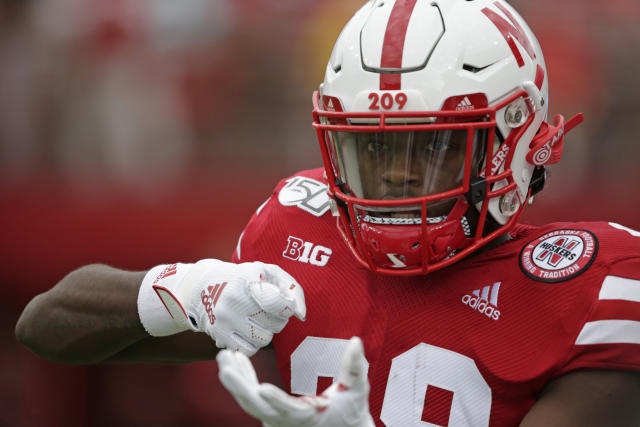 Nebraska running back Maurice Washington (28) pretends to pull a trigger as he warms up before an NCAA college football game against South Alabama in Lincoln, Neb., Saturday, Aug. 31, 2019. (AP Photo/Nati Harnik)