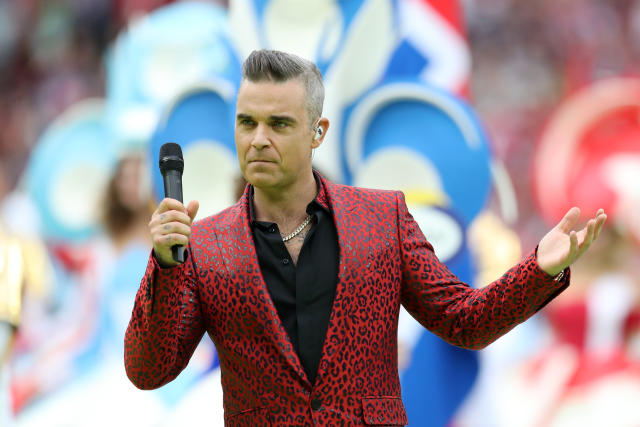 British pop star Robbie Williams flipped the bird on camera during the opening ceremony prior to the 2018 FIFA World Cup Russia Group A match between Russia and Saudi Arabia. (Photo by Catherine Ivill/Getty Images)