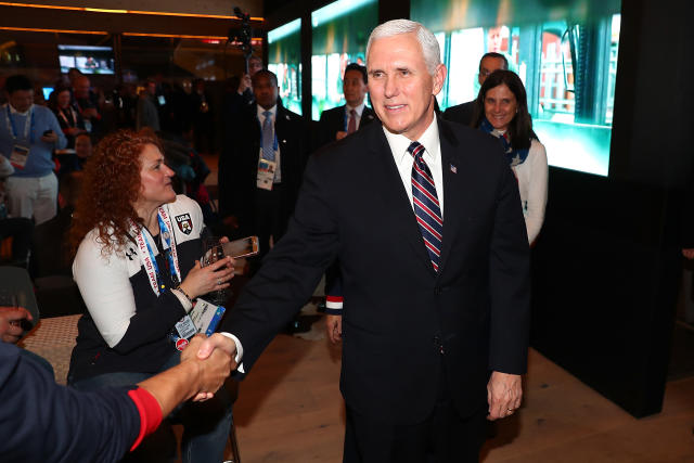 Mike Pence visits with guests at the USA House at the Winter Olympics. (Joe Scarnici via Getty Images)