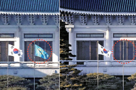 朴槿惠被憲法法院奪去總統職權後，青瓦台前代表總統的藍色鳳凰旗也被降下。（翻攝推特）