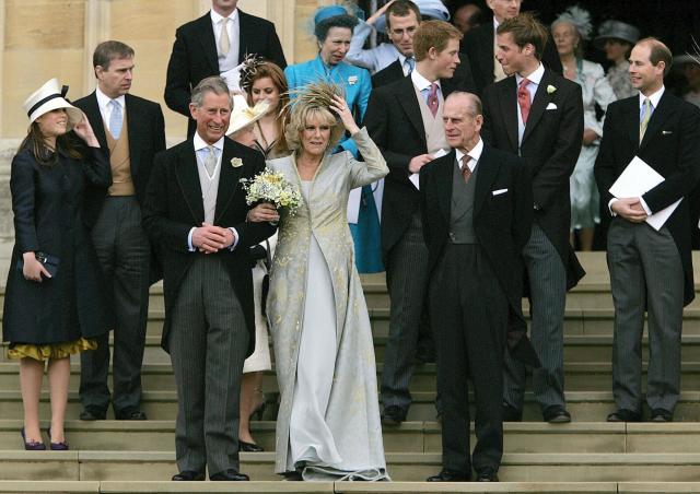 Prince Charles, currently next in line for the throne after his mother, Queen Elizabeth II, married his longtime romantic partner Camilla Parker Bowles in a civil ceremony on April 9, 2005. Bowles, now Duchess of Cornwall, wore a dress by British designer L.K.Bennett with a Phillip Treacy hat for the wedding and a Robinson Valentine ensemble for the service afterwards. The couple opted for a civil service in lieu of a full church wedding, presumably to avoid the controversy that could attend a religious ceremony, given the crown's stance on divorce. (Both Charles and Camilla, at this point, had divorced previous partners.)
