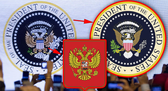 In this photo combination, the background photo shows an altered presidential seal displayed as President Donald Trump takes the stage at Turning Point USA Teen Student Action Summit; center is the Russian coat-of-arms and right, the official seal of the President of the United States. (Photos: Andrew Harnik/AP, AP(2))