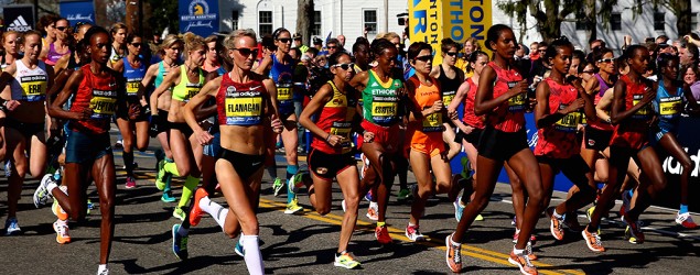 Runners take off from the Boston Marathon start line. (Getty Images)